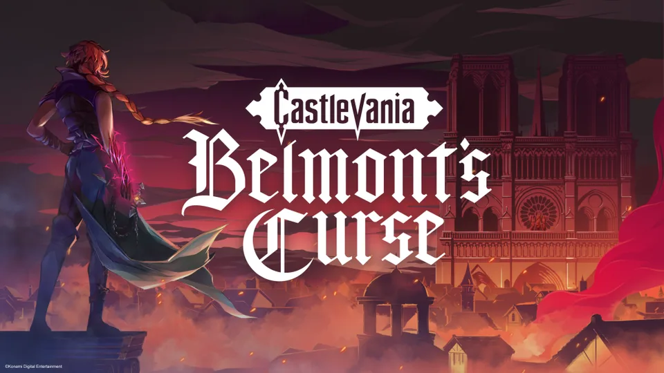 Official Castlevania: Belmont's Curse key art showing Trevor Belmont overlooking a burning Paris